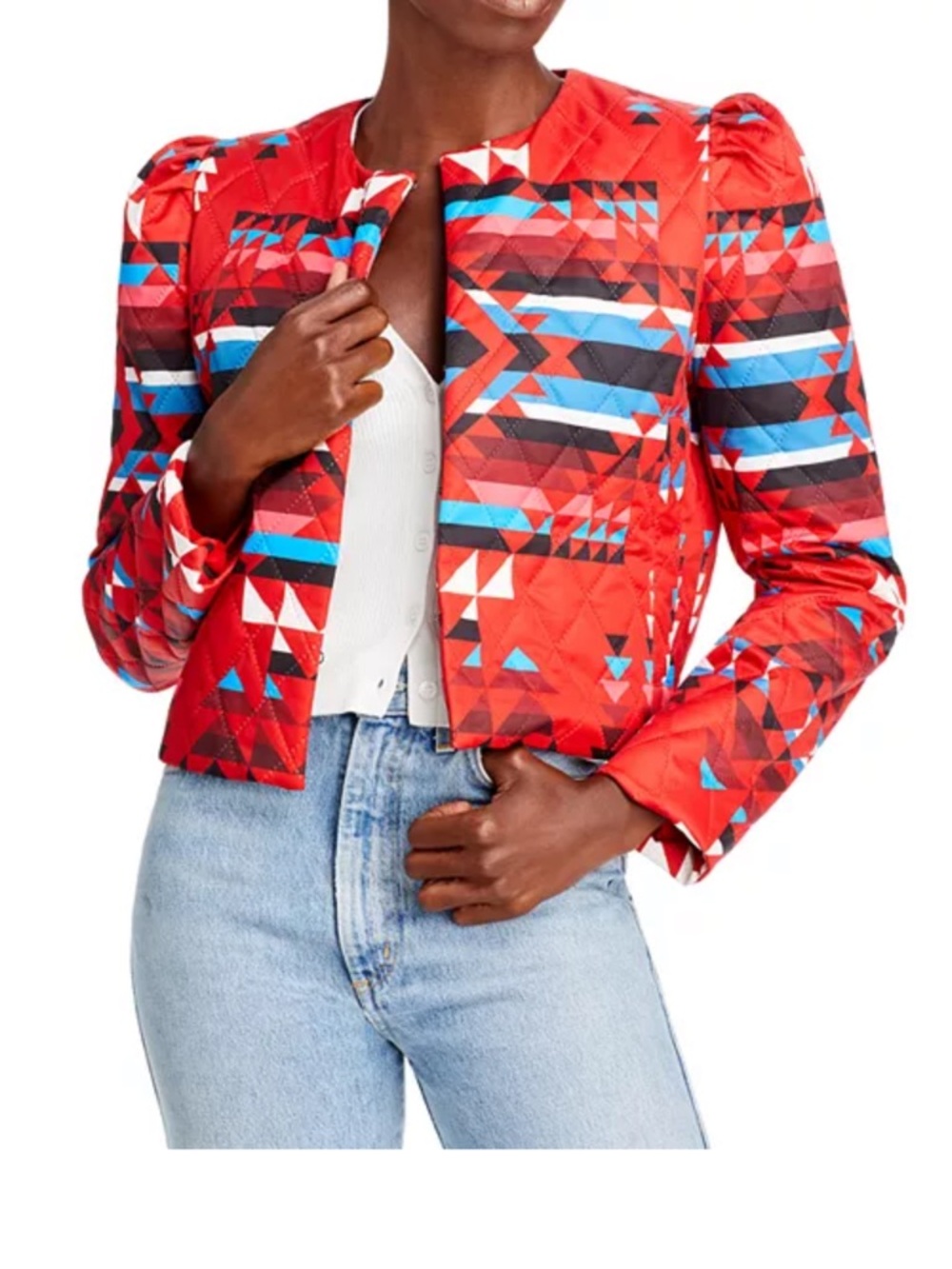 Aqua x Pendleton Red Multicolor Quilted Geometric Cropped Blazer